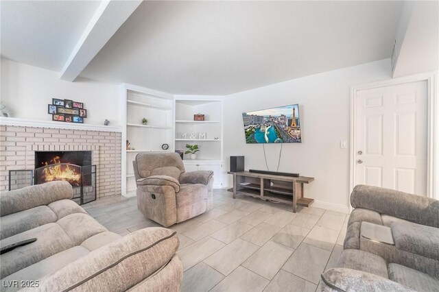 7009 Rawlins Ct, Las Vegas, NV 89128 - living room featuring a fireplace, built in shelves, baseboards, and beamed ceiling
