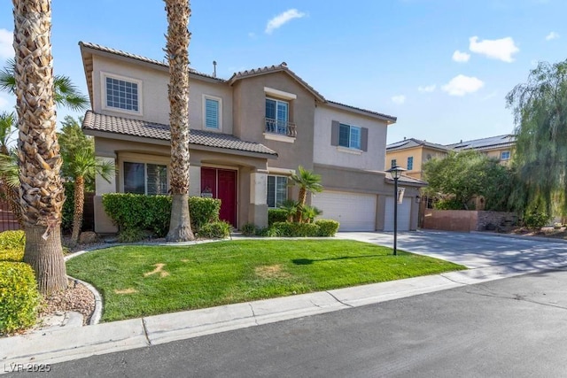 8121 Eagle Clan Ct, Las Vegas, NV 89131 - mediterranean / spanish-style house with an attached garage, stucco siding, concrete driveway, a tiled roof, and a front lawn