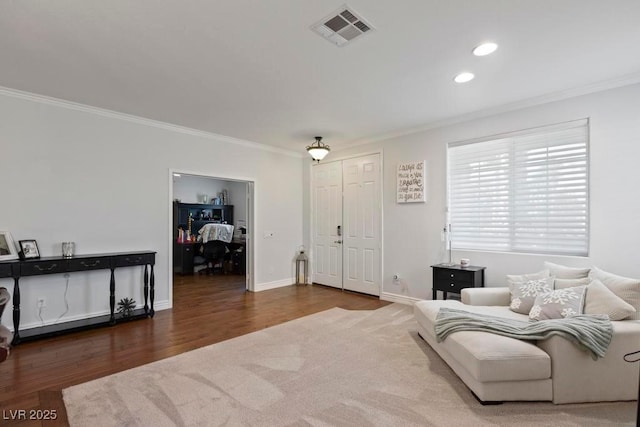 8121 Eagle Clan Ct, Las Vegas, NV 89131 - living area with crown molding, wood finished floors, recessed lighting, and baseboards