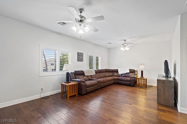 8121 Eagle Clan Ct, Las Vegas, NV 89131 - living room with ceiling fan, dark wood finished floors, and baseboards