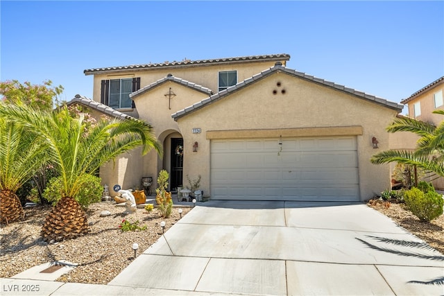 7724 Somerhill Point Way, Las Vegas, NV 89139 - mediterranean / spanish-style house with driveway, stucco siding, an attached garage, and a tiled roof