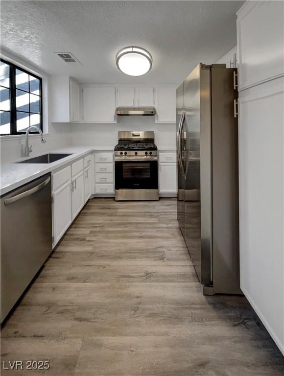 1832 Yellow Rose St, Las Vegas, NV 89108 - kitchen with appliances with stainless steel finishes, under cabinet range hood, a sink, a textured ceiling, and light wood-style floors