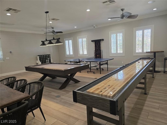 11298 Corsica Mist Ave, Las Vegas, NV 89135 - playroom with ornamental molding, light wood finished floors, ceiling fan, and recessed lighting