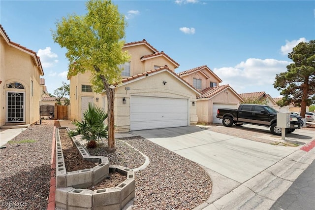 4552 Aviation St, Las Vegas, NV 89115 - mediterranean / spanish house featuring concrete driveway, stucco siding, a tile roof, and a garage