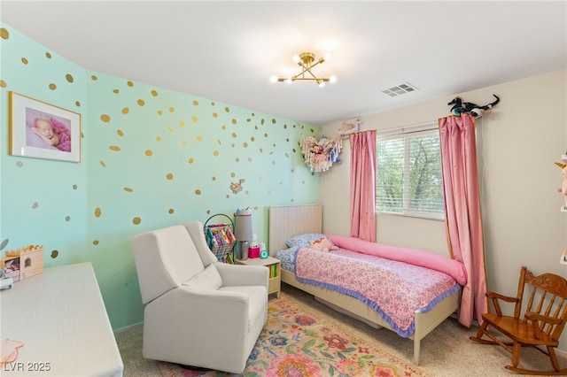 11226 Kenyan Sunshine Ct, Las Vegas, NV 89138 - bedroom with light colored carpet, wallpapered walls, a chandelier, and baseboards