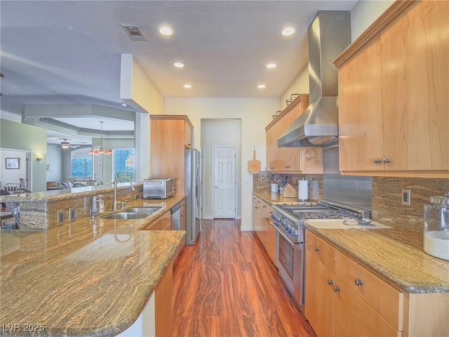 401 Obsidian St, Las Vegas, NV 89145 - kitchen featuring a sink, appliances with stainless steel finishes, wall chimney exhaust hood, dark wood-type flooring, and stone counters