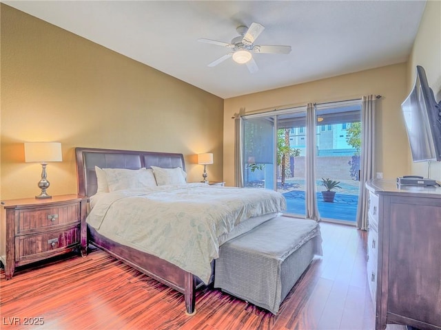 401 Obsidian St, Las Vegas, NV 89145 - bedroom with access to exterior, wood finished floors, and ceiling fan