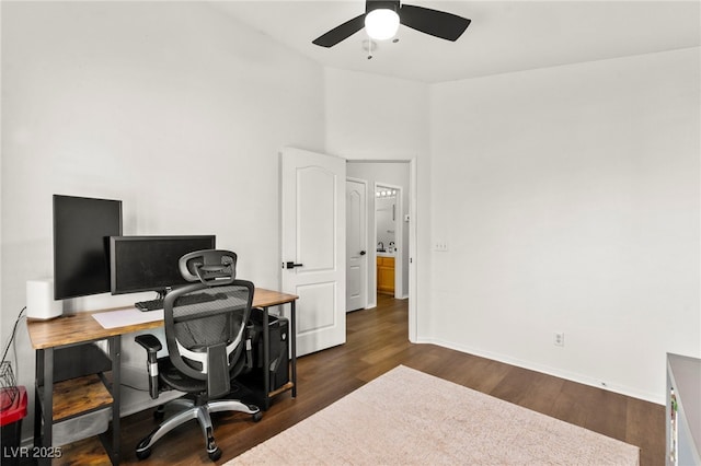 8612 Danza Del Sol Dr, Las Vegas, NV 89128 - office featuring a ceiling fan, wood finished floors, baseboards, and high vaulted ceiling