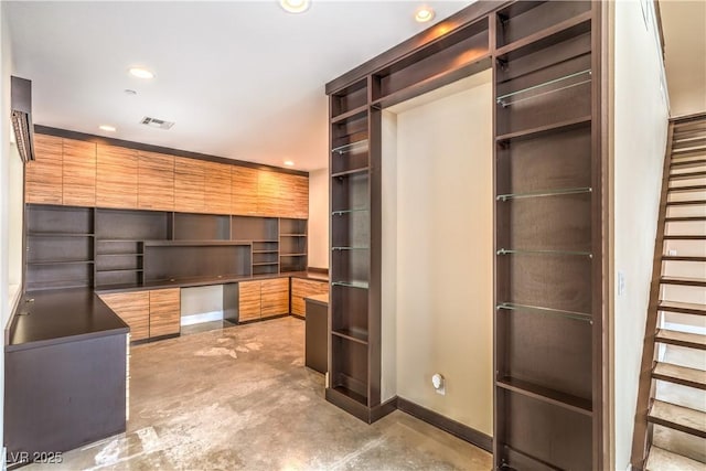1448 Canyon Ledge Ct, Las Vegas, NV 89117 - kitchen featuring open shelves, concrete floors, recessed lighting, modern cabinets, and baseboards