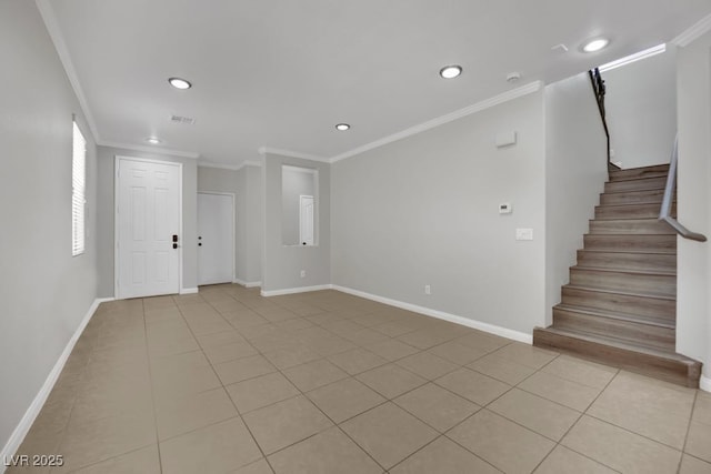 11787 Fern Creek Ln, Las Vegas, NV 89183 - unfurnished living room with ornamental molding, stairs, baseboards, recessed lighting, and light tile patterned floors