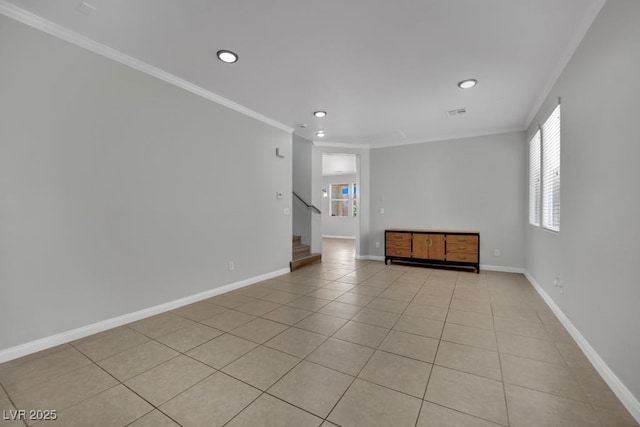 11787 Fern Creek Ln, Las Vegas, NV 89183 - empty room featuring crown molding, recessed lighting, light tile patterned floors, stairway, and baseboards