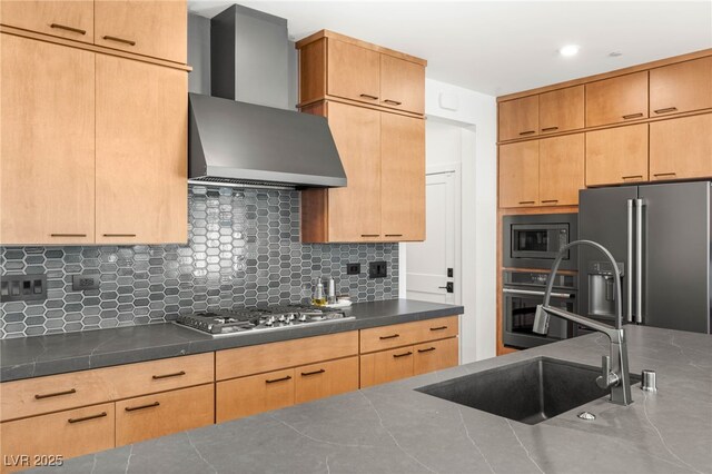 2578 Skylark Trail St, Henderson, NV 89044 - kitchen featuring appliances with stainless steel finishes, wall chimney range hood, a sink, dark countertops, and backsplash