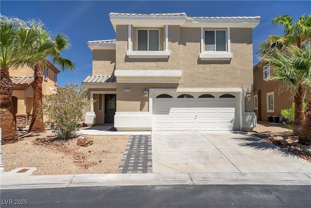 576 Foster Springs Rd, Las Vegas, NV 89148 - view of front of house with stucco siding, a garage, a tile roof, concrete driveway, and central AC unit