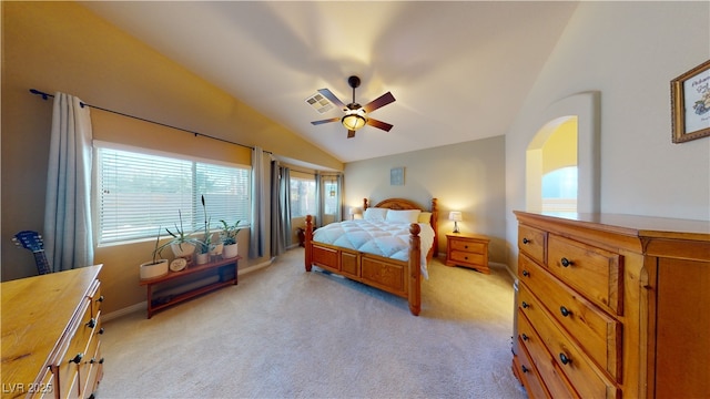 2713 Tanagrine Dr, North Las Vegas, NV 89084 - bedroom featuring lofted ceiling, light carpet, a ceiling fan, and baseboards