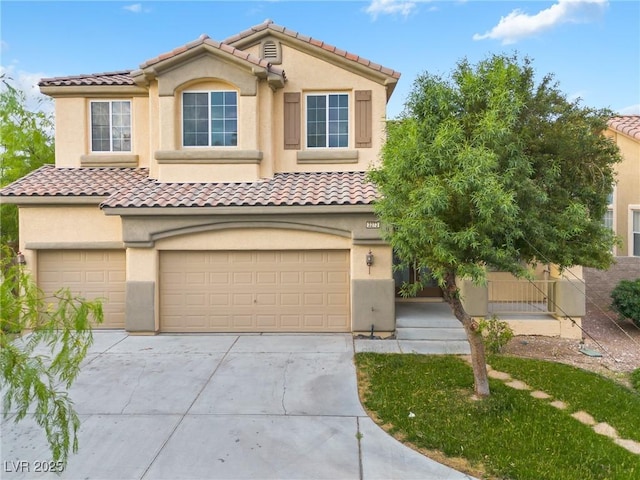 3273 Alcudia Bay Ave, Las Vegas, NV 89141 - mediterranean / spanish home with an attached garage, driveway, a tile roof, and stucco siding