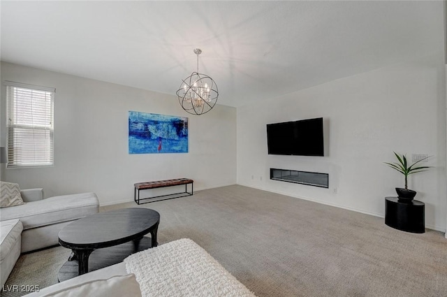 5244 Fiery Sky Ridge St, Las Vegas, NV 89148 - carpeted living area with a chandelier, baseboards, and a glass covered fireplace