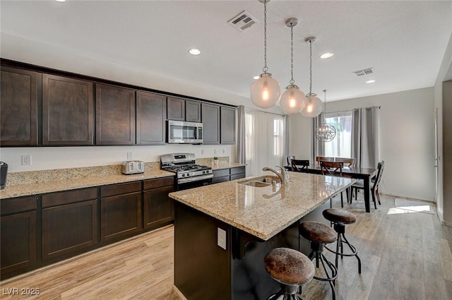 5244 Fiery Sky Ridge St, Las Vegas, NV 89148 - kitchen featuring stainless steel appliances, a sink, a breakfast bar, light wood-style floors, and a center island with sink