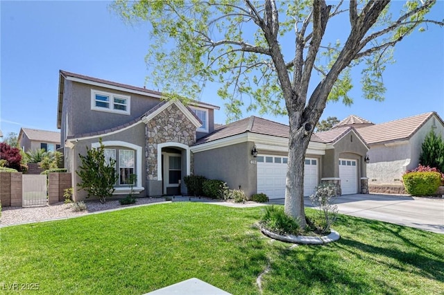 2285 Moresca Ave, Henderson, NV 89052 - view of front of home featuring an attached garage, stone siding, stucco siding, and driveway