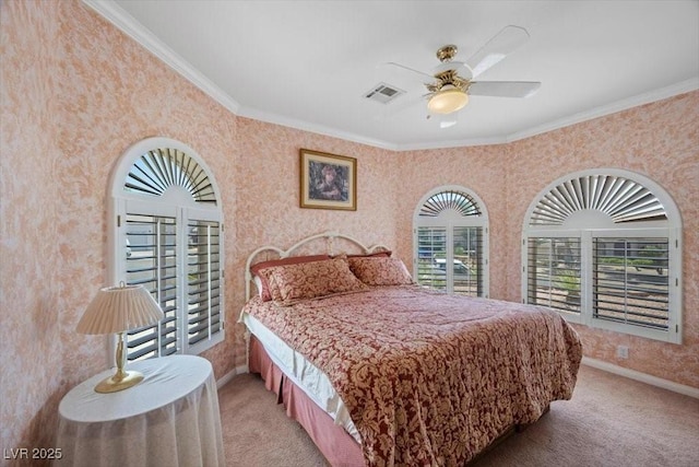 1105 Malachite Ct, Henderson, NV 89011 - bedroom featuring wallpapered walls, light colored carpet, crown molding, baseboards, and ceiling fan