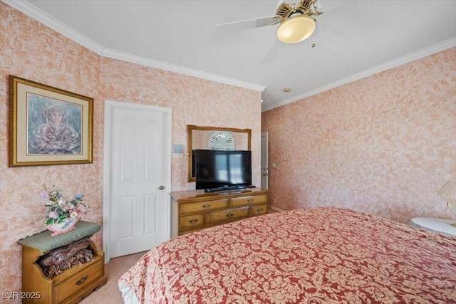 1105 Malachite Ct, Henderson, NV 89011 - bedroom featuring wallpapered walls, ornamental molding, light colored carpet, and a ceiling fan