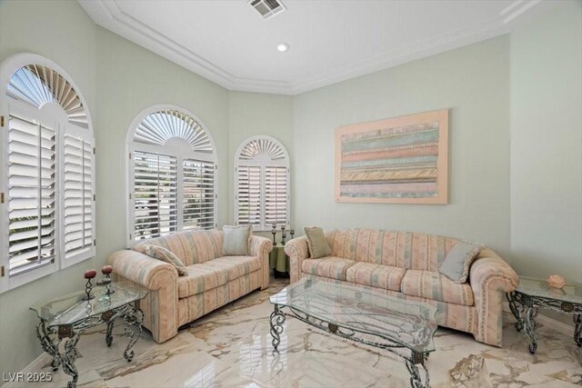 1105 Malachite Ct, Henderson, NV 89011 - living room featuring marble tiled floors, ornamental molding, baseboards, and recessed lighting