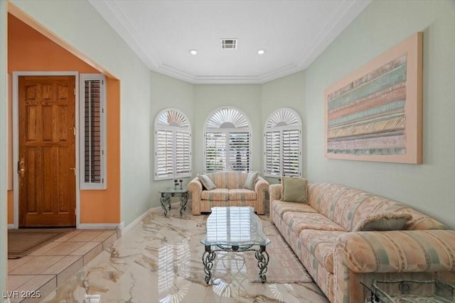 1105 Malachite Ct, Henderson, NV 89011 - living area with ornamental molding, recessed lighting, baseboards, and marble finish flooring
