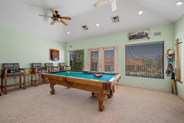 1105 Malachite Ct, Henderson, NV 89011 - game room featuring carpet floors, ceiling fan, lofted ceiling, billiards, and recessed lighting