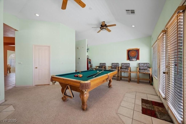 1105 Malachite Ct, Henderson, NV 89011 - game room featuring ceiling fan, pool table, carpet floors, high vaulted ceiling, and recessed lighting