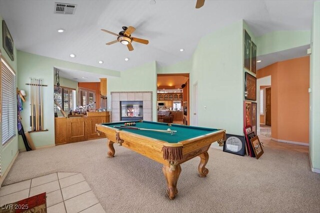 1105 Malachite Ct, Henderson, NV 89011 - recreation room featuring a ceiling fan, carpet flooring, pool table, vaulted ceiling, and a fireplace