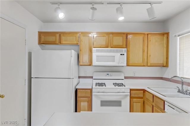 4555 E Sahara Ave Unit 280, Las Vegas, NV 89104 - kitchen featuring white appliances, light brown cabinets, a sink, light countertops, and track lighting