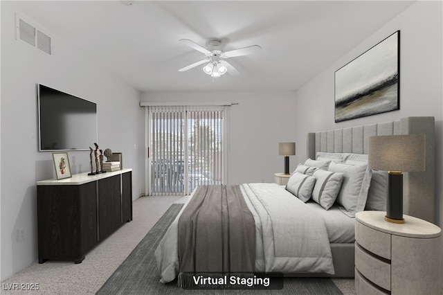 4555 E Sahara Ave Unit 280, Las Vegas, NV 89104 - bedroom featuring access to exterior, a ceiling fan, and light carpet