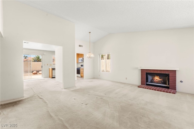 433 Old Palms Dr, Las Vegas, NV 89123 - unfurnished living room featuring a brick fireplace, carpet, and high vaulted ceiling