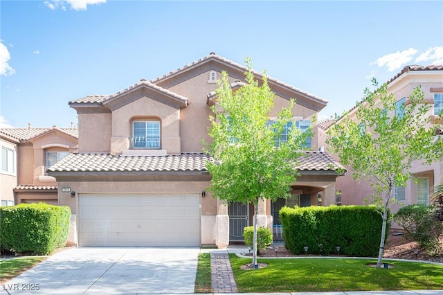6029 Allanche Ave, Las Vegas, NV 89141 - mediterranean / spanish-style home with a tile roof, concrete driveway, an attached garage, stucco siding, and a front yard