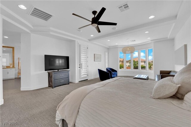 1972 Alcova Ridge Dr, Las Vegas, NV 89135 - bedroom featuring light colored carpet, baseboards, a raised ceiling, recessed lighting, and a ceiling fan