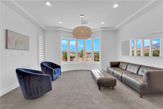 1972 Alcova Ridge Dr, Las Vegas, NV 89135 - living area featuring carpet, recessed lighting, baseboards, and a tray ceiling