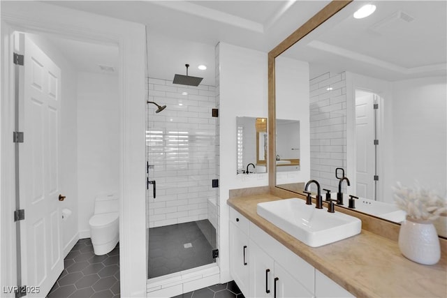 1972 Alcova Ridge Dr, Las Vegas, NV 89135 - bathroom featuring vanity, a stall shower, tile patterned flooring, and toilet