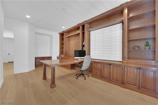1972 Alcova Ridge Dr, Las Vegas, NV 89135 - home office with light wood-type flooring, built in features, baseboards, built in desk, and recessed lighting