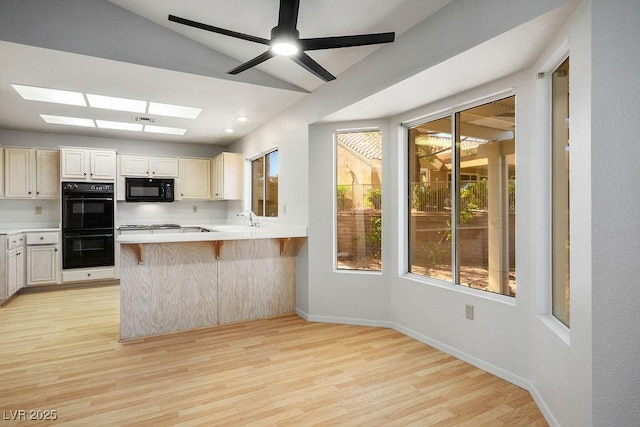 9524 Quail Ridge Dr, Las Vegas, NV 89134 - kitchen featuring black appliances, a skylight, a sink, light wood-style flooring, and plenty of natural light
