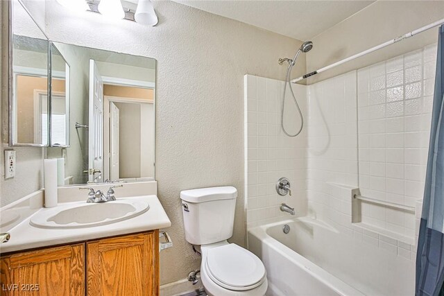 7083 Somera Way, Las Vegas, NV 89113 - bathroom featuring shower / bath combo with shower curtain, a textured wall, toilet, and vanity