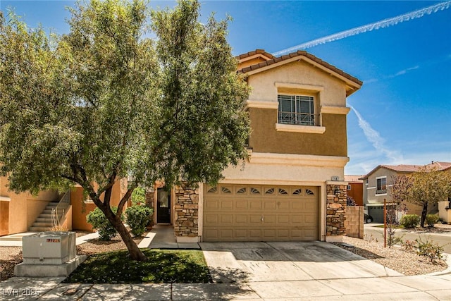 7083 Somera Way, Las Vegas, NV 89113 - view of front of house with stairs, a garage, stucco siding, concrete driveway, and stone siding