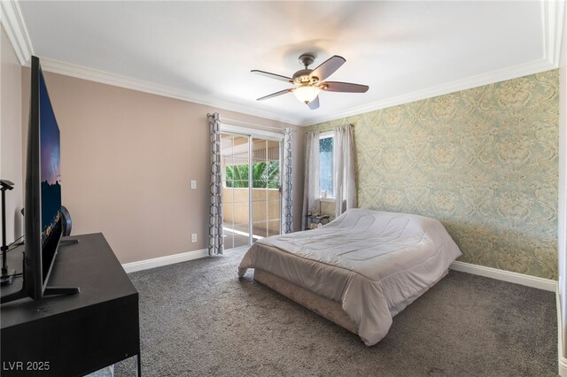 5779 Baffy Cir, Las Vegas, NV 89142 - bedroom with crown molding, access to outside, baseboards, carpet, and ceiling fan