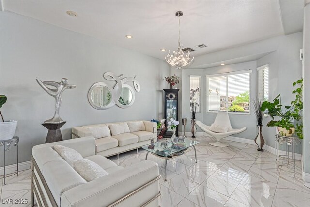 60 N Fogg St, Las Vegas, NV 89110 - living room featuring a chandelier, light marble finish floors, baseboards, and recessed lighting