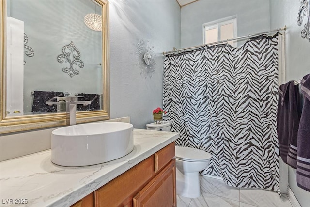 60 N Fogg St, Las Vegas, NV 89110 - bathroom featuring toilet, vanity, a shower with shower curtain, and marble finish flooring