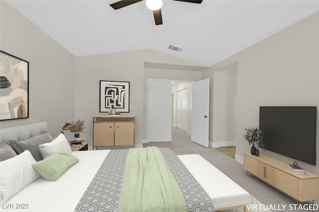 4132 Joyous St, North Las Vegas, NV 89032 - bedroom featuring lofted ceiling, baseboards, light carpet, and a ceiling fan