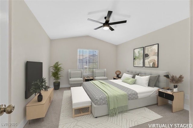 4132 Joyous St, North Las Vegas, NV 89032 - carpeted bedroom featuring vaulted ceiling, baseboards, and ceiling fan