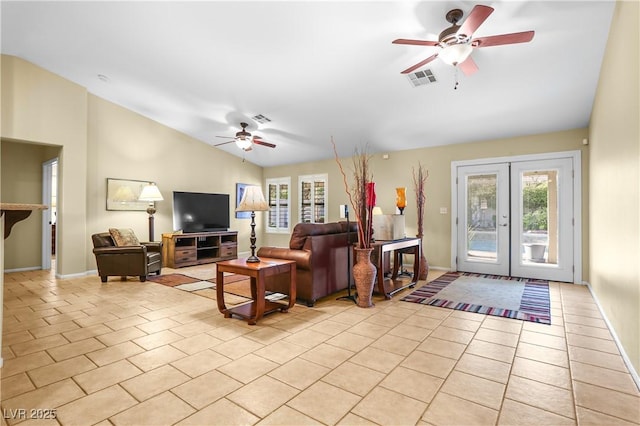 8928 Rusty Rifle Ave, Las Vegas, NV 89143 - living area featuring a ceiling fan, vaulted ceiling, plenty of natural light, light tile patterned flooring, and french doors