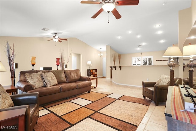 8928 Rusty Rifle Ave, Las Vegas, NV 89143 - living area with a ceiling fan, light tile patterned floors, and vaulted ceiling