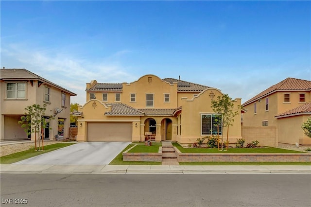 5642 Breckenridge St, North Las Vegas, NV 89081 - mediterranean / spanish-style home with stucco siding, concrete driveway, solar panels, a garage, and a tile roof