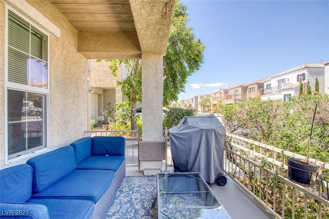 6217 Lapilli Ave, Las Vegas, NV 89139 - view of patio / terrace featuring outdoor lounge area, area for grilling, a balcony, and a residential view