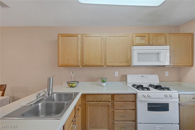 6217 Lapilli Ave, Las Vegas, NV 89139 - kitchen featuring white appliances, light brown cabinets, a sink, and light countertops